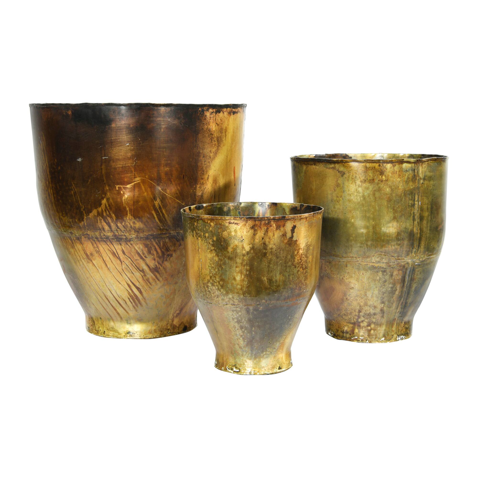 Antique Brass Finish Metal Planters Set, 3ct.